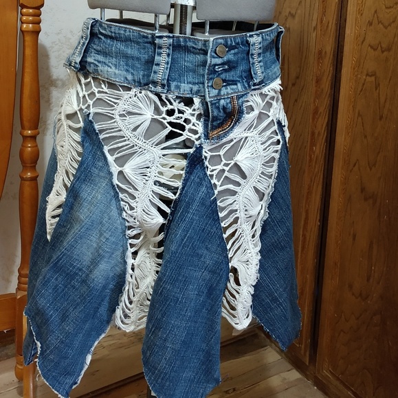 Skirt or strapless dress Denim with white crochet - Picture 1 of 3